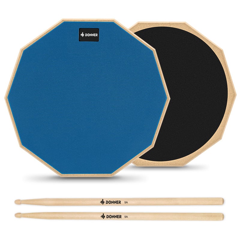 Donner 12 Inches Drum Practice Pad Silent Drum Pad Set Blue 2-Sided With Drum Sticks - Image 1